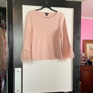 Light pink, boat neck top with light pink feathers
